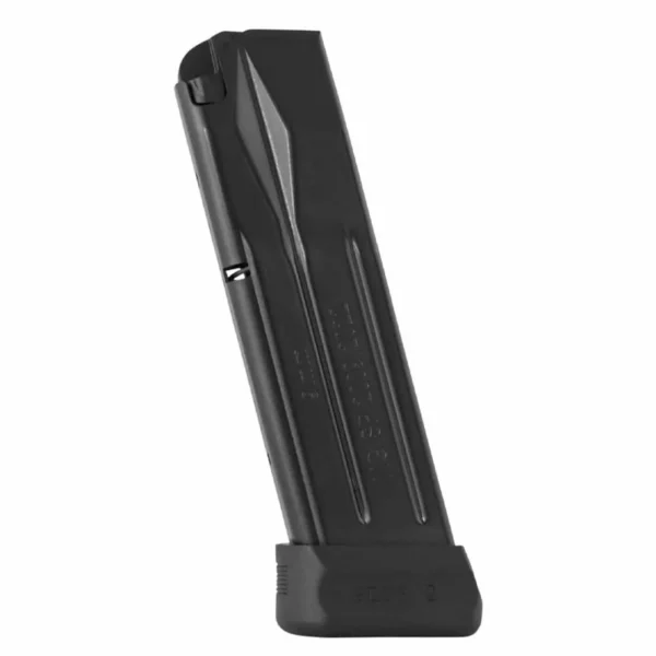 Mec-Gar Sig Sauer Pro 2009/2022 black handgun magazine, angled front view with baseplate