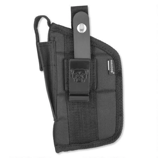 primary-51956 Bulldog Extreme Handgun Holster, black fabric front view with belt loop, clip and snap strap