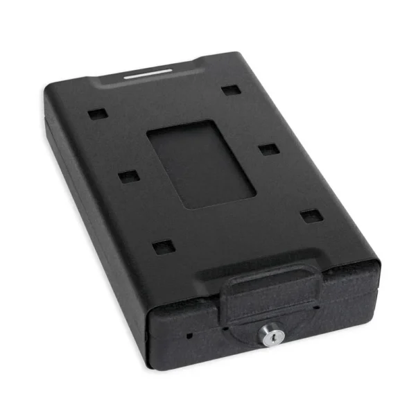 Bulldog Personal Car Vault with Mounting Bracket, black angled top view with key lock
