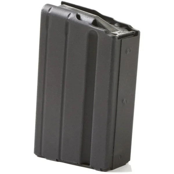 ASC AR Family Rifle Magazine, black metal magazine with black follower in angled front view