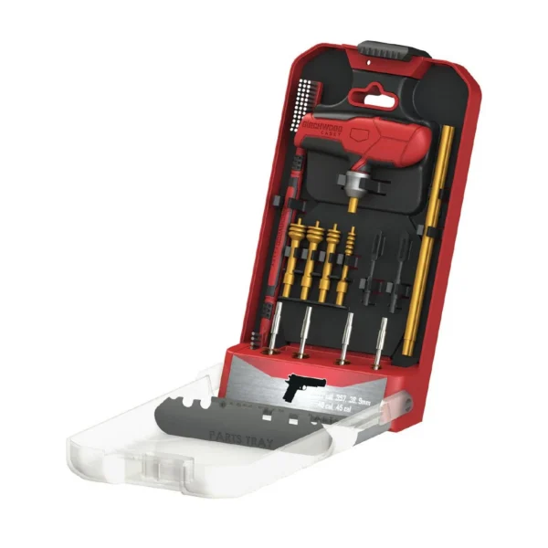 Birchwood Casey 16pc Handgun Cleaning Kit, open red and black case with tools