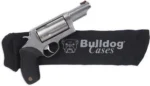 Bulldog Handgun Sock, black side view with white logo and revolver partially inserted