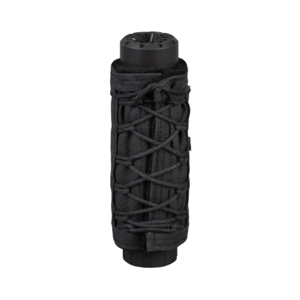 SilencerCo SCO Suppressor Cover, black cylindrical cover with woven cord lacing, upright view