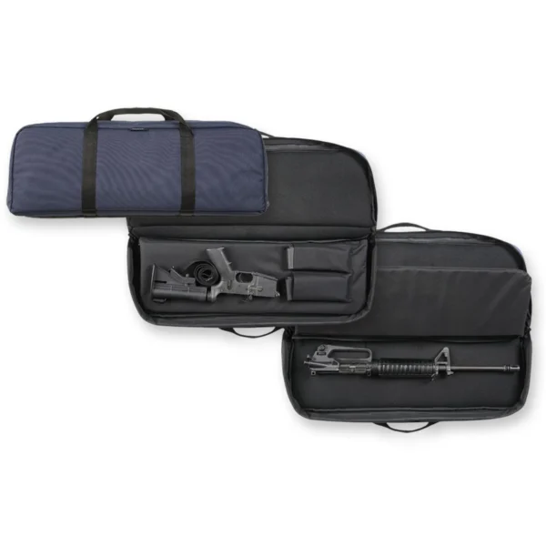 Bulldog Ultra Compact AR-15 Discreet Carry Case, navy closed case and black open cases with straps