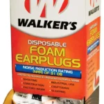 Walker's Foam Ear Plugs in orange and white dispenser box with wrapped pairs visible