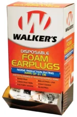 Walker's Foam Ear Plugs in orange and white dispenser box with wrapped pairs visible