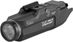 Streamlight TLR RM2 light in black, angled side view with round lens and mounting rail