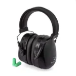 Radians Maximus Passive Ear Muffs, black angled view with green ear plugs beside them