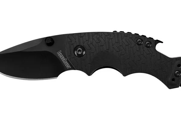 Kershaw Shuffle folding knife in all black, side view with blade open and textured handle