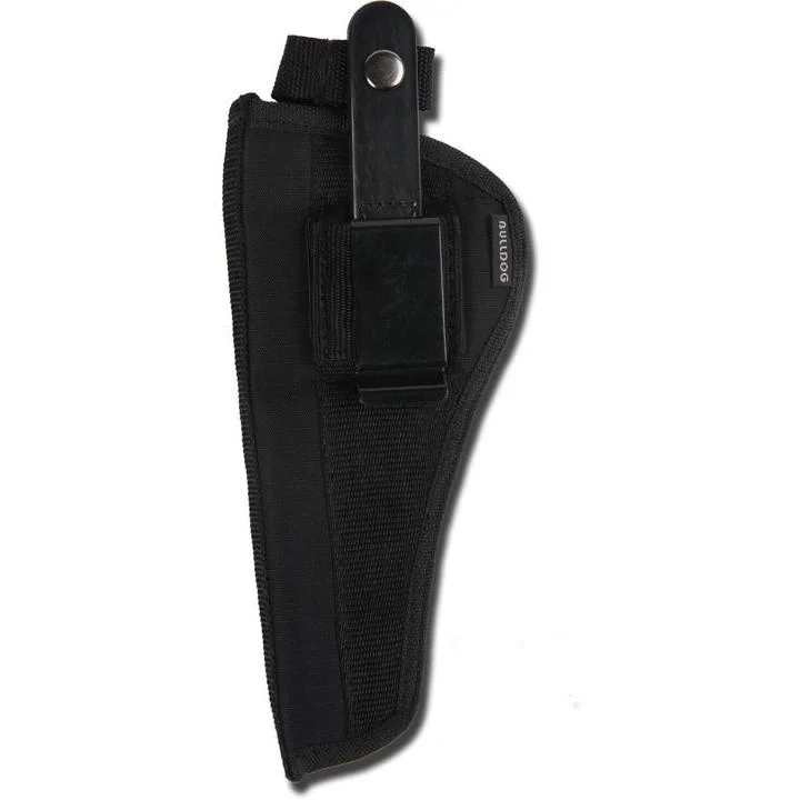 primary-52079 Bulldog Extreme Handgun Holster, black front view with belt loop, clip and snap strap