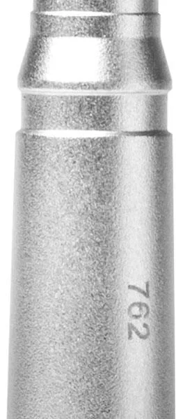 NcSTAR 7.62x39MM Cartridge Red Laser Bore Sighter, silver cartridge-shaped device, side view