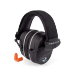 RADIANS R2500 EAR MUFF NRR 34, black over-ear muffs in three-quarter view with orange plugs