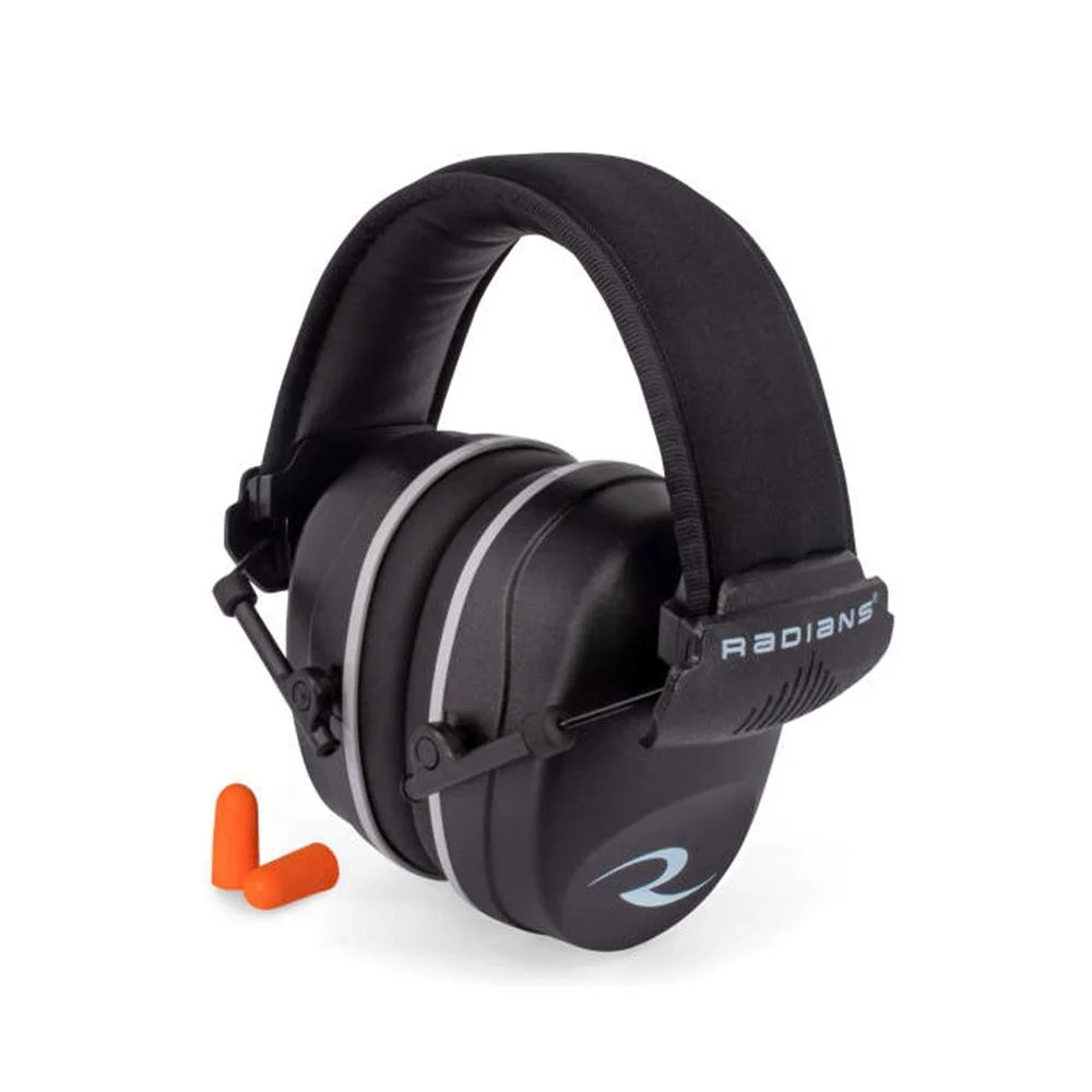 primary-52093 RADIANS R2500 EAR MUFF NRR 34, black over-ear muffs in three-quarter view with orange plugs