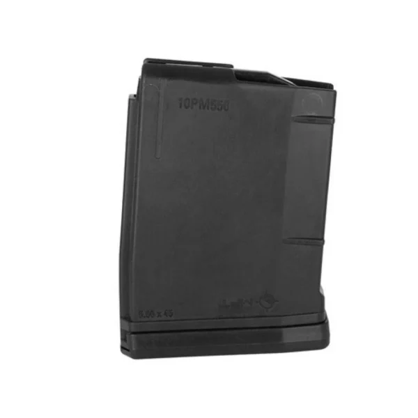 Mission First Tactical MAG MFT 5.56 10RD BLK, black magazine angled front view