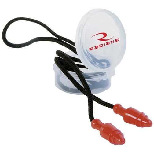 primary-52099 Radians Snug Plugs One Corded Pair red earplugs on black cord beside clear storage case