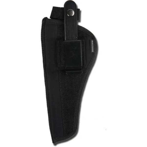 Bulldog Extreme black handgun holster, side view with belt loop, clip and snap strap