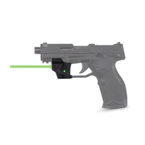Viridian E Series Green Laser, left-side view mounted under gray pistol with green beam visible