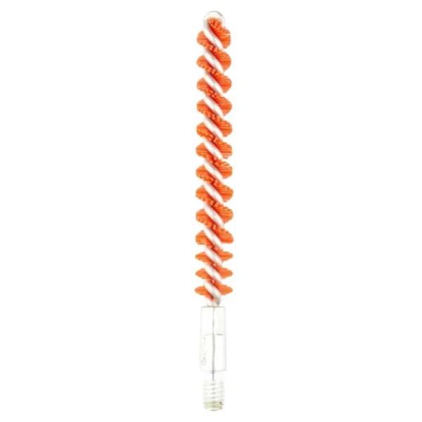 Birchwood Casey Nylon Bore Brush, orange spiral bristles on a clear stem, side view