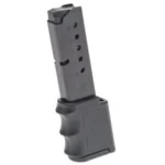 ProMag S&W Bodyguard Magazine, blued steel magazine with black grip extension in angled view