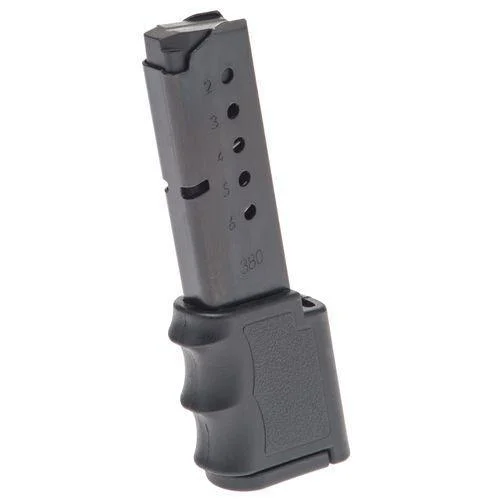 primary-52128 ProMag S&W Bodyguard Magazine, blued steel magazine with black grip extension in angled view