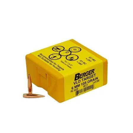 Berger VLD Target Bullets, yellow box with two copper-coloured bullets beside it