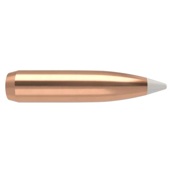 Nosler 7MM 140GR AccuBond, side view of copper-colored projectile with white pointed tip