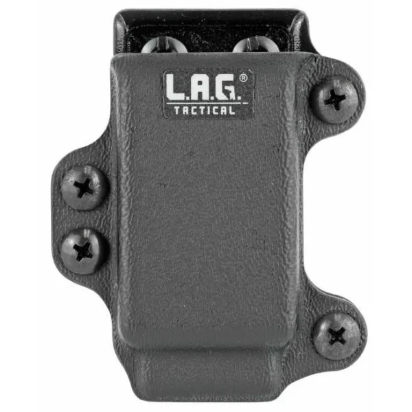 L.A.G. Tactical SPMC magazine carrier in black, front view with four mounting screws