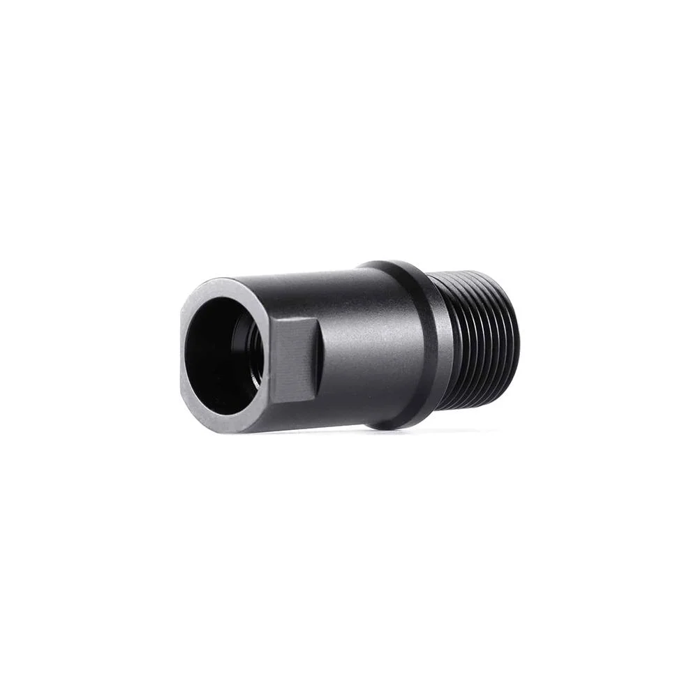 primary-52183 Dead Air Thread Adapter GSG 1911, angled view of black cylindrical adapter with threaded end