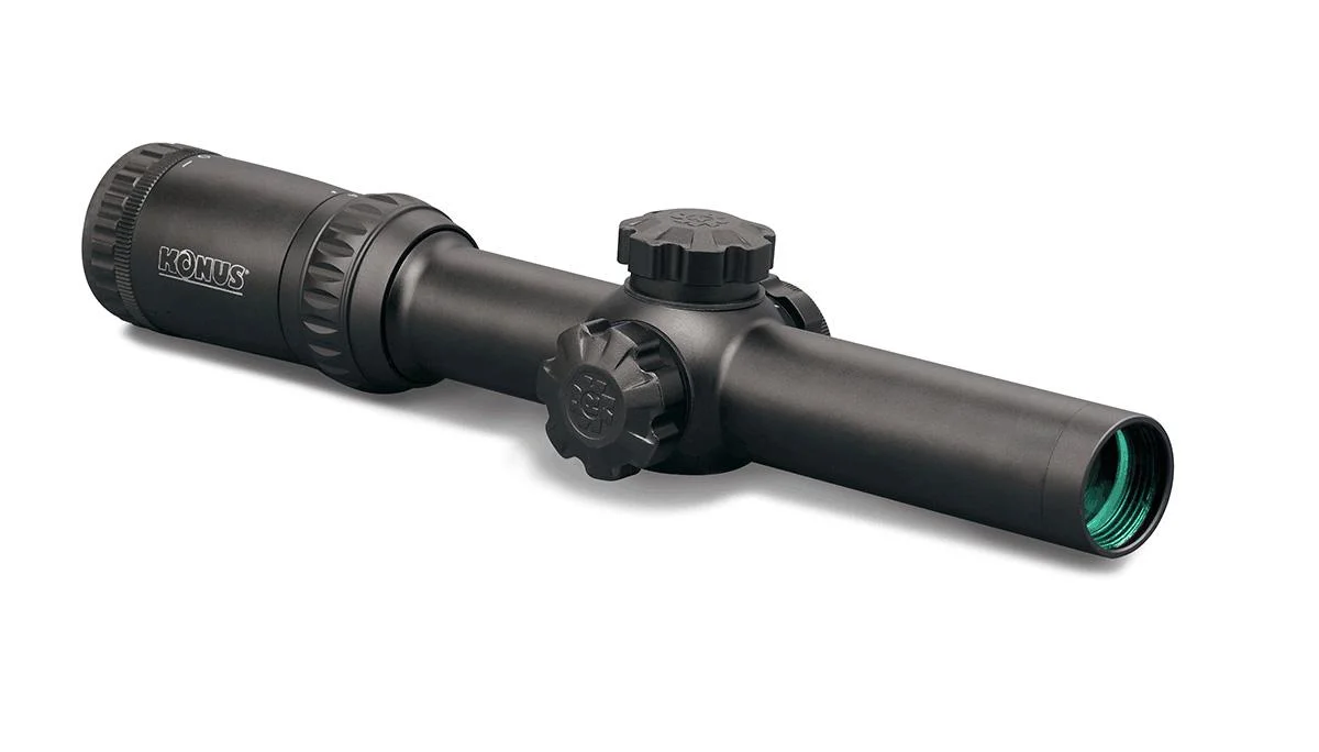 primary-52218 Konus KonusPro M30 riflescope, black right-side view with adjustment turrets and green front lens