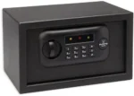 Bulldog Standard Digital Pistol Vault black vault, angled front view with keypad and knob