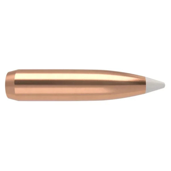 Nosler 7MM 160GR AccuBond 50CT, copper-colored bullet side view with white tip