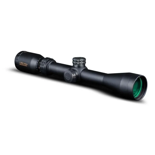 KonusPro 3-9x40mm rifle scope, matte black side view with adjustment turrets and green lens