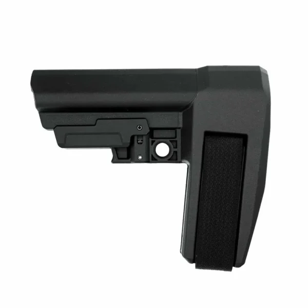 SB Tactical SBA6 black pistol stabilizing brace, side view with adjustment lever and rubber pad