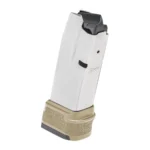 Springfield Hellcat 15R FDE magazine, angled side view with silver body and tan extended base