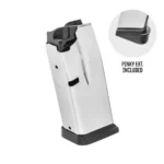 Springfield Hellcat silver magazine with black base plate and pinky extension, angled front view
