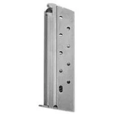 Chip McCormick M1911 Handgun Magazine, upright stainless steel side view with base pad