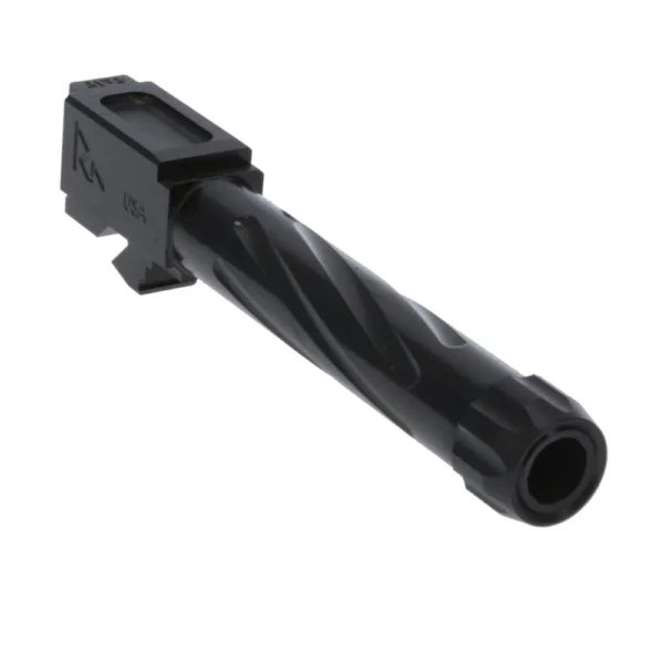 Rival Arms barrel for Glock Model 19 GEN3/4 black fluted barrel, angled front view