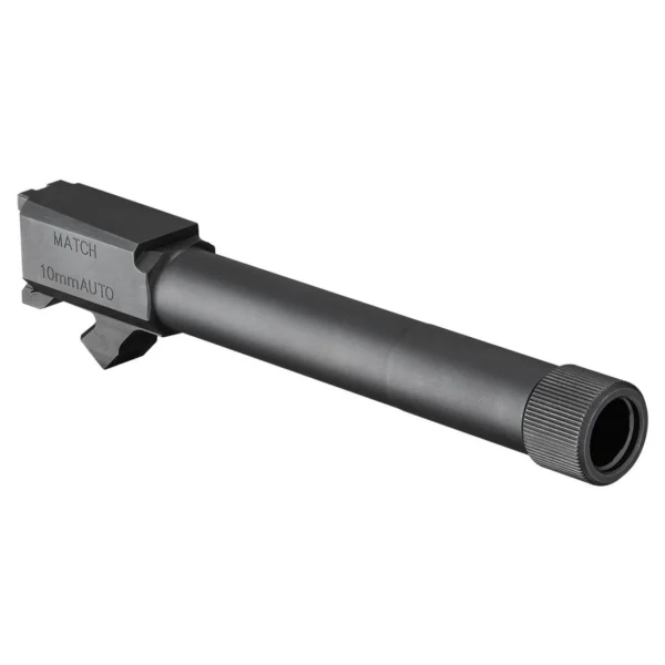 Springfield XD-M black threaded barrel, angled side view with thread protector