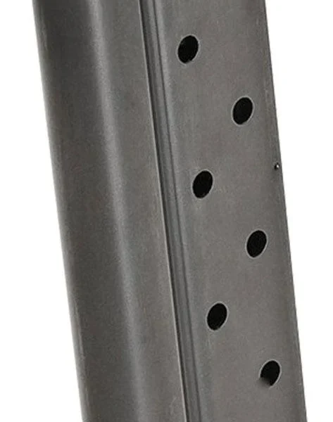 Springfield Armory 1911 Magazine, blued steel angled side view with witness holes