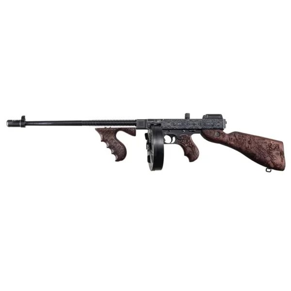 Kahr Arms Thompson 1927A1 Roaring 20's Carbine, left side with wood furniture and drum magazine