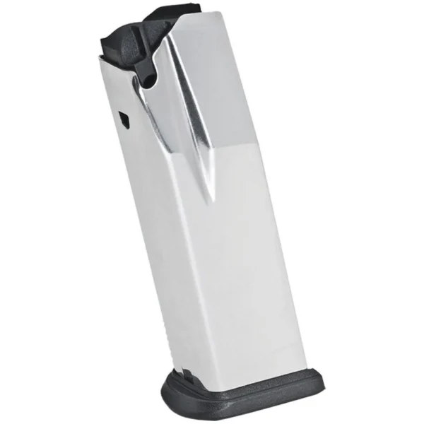 Springfield Armory XD(M) Full Size Handgun Magazine, angled view in silver with black base plate