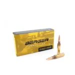 Berger Target Rifle Ammunition, yellow and black box with two brass cartridges displayed