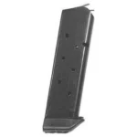 Chip McCormick Shooting Star M1911 blued steel magazine with black base pad, angled view