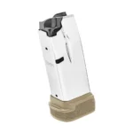 Springfield MAGAZINE SPRGFLD 9MM HELLCAT 13R FDE, angled front view with tan extended base