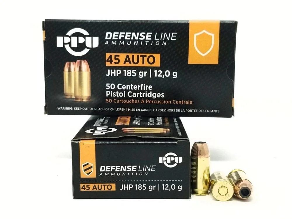 primary-52318 Prvi Partizan PPU 45ACP JHP 185GR ammunition boxes with loose brass cartridges, front view