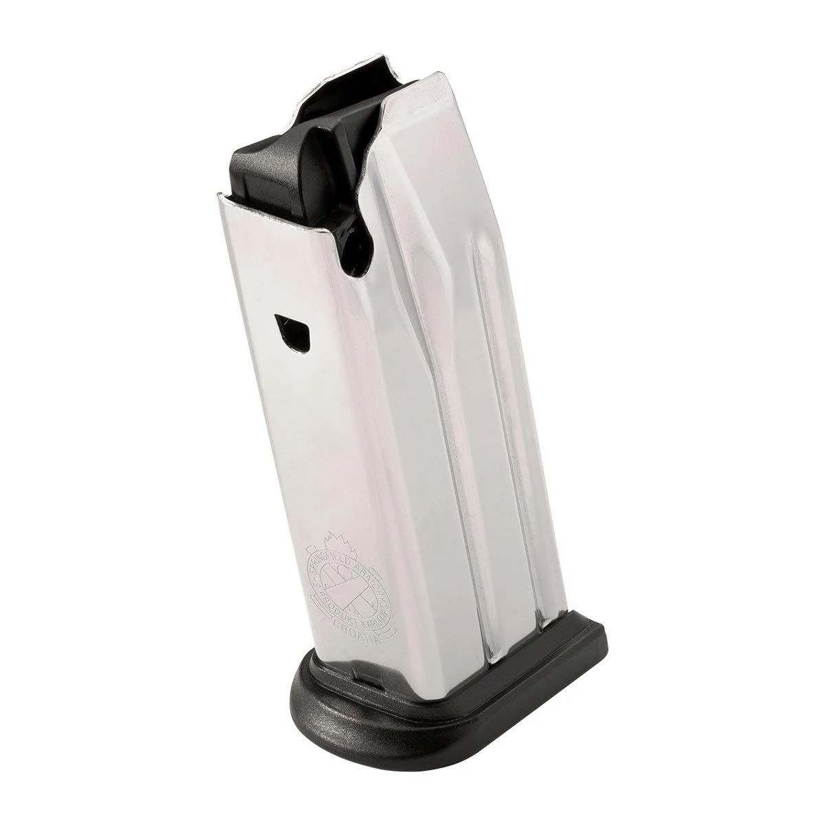 primary-52322 Springfield XD 3-inch 10-round magazine, angled view with silver body and black baseplate