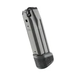 Springfield Armory Echelon 4.0C magazine, angled view in silver and black with extended base