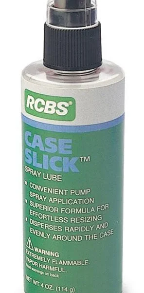 RCBS CASE SLICK SPRAY LUBE, front view of white spray bottle with green label