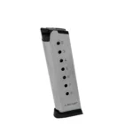 Springfield 1911 magazine, silver angled side view with black slam pad and numbered witness holes