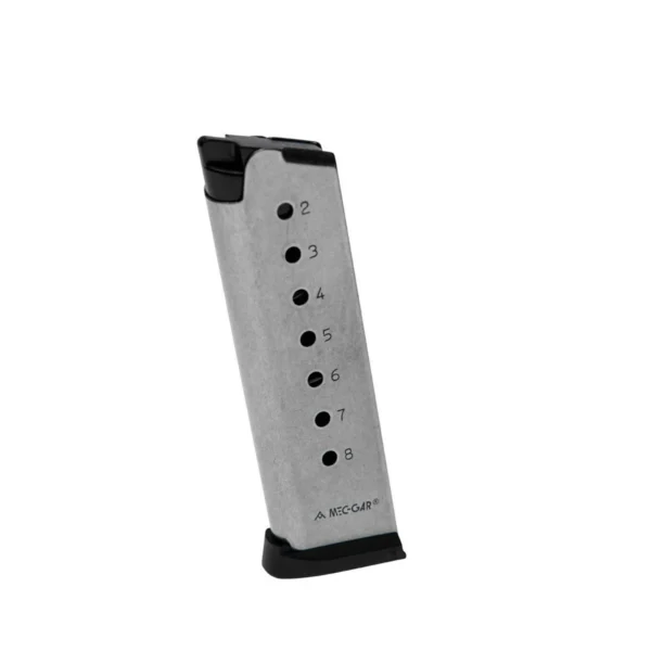 Springfield 1911 magazine, silver angled side view with black slam pad and numbered witness holes